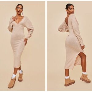 Prettylittlething Oatmeal‎ Cold Shoulder Knit Lace Sweater Dress M